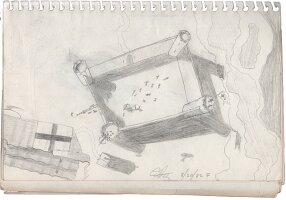 Fokker Dr-1 triplane flying over a fort